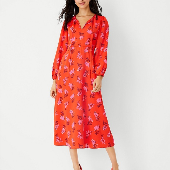 NWT Ann Taylor Petite Floral Tie Neck Midi Dress Size 6P - Picture 1 of 11